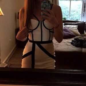 Custom-Made Geometric Black, White, and Tan Dress, Size 0-2